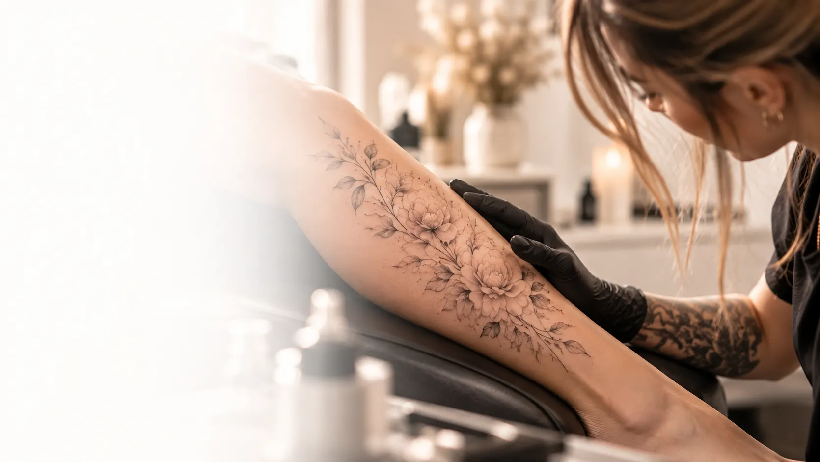 Fine-Line-Tattoo wird am Unterschenkel gezeichnet im Studio Lex Lines